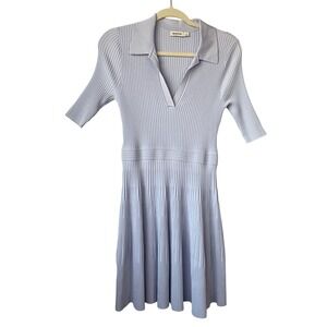 SIMKHAI Patricia Ribbed Knit Polo Collar Mini Dress Blue Haze Size M